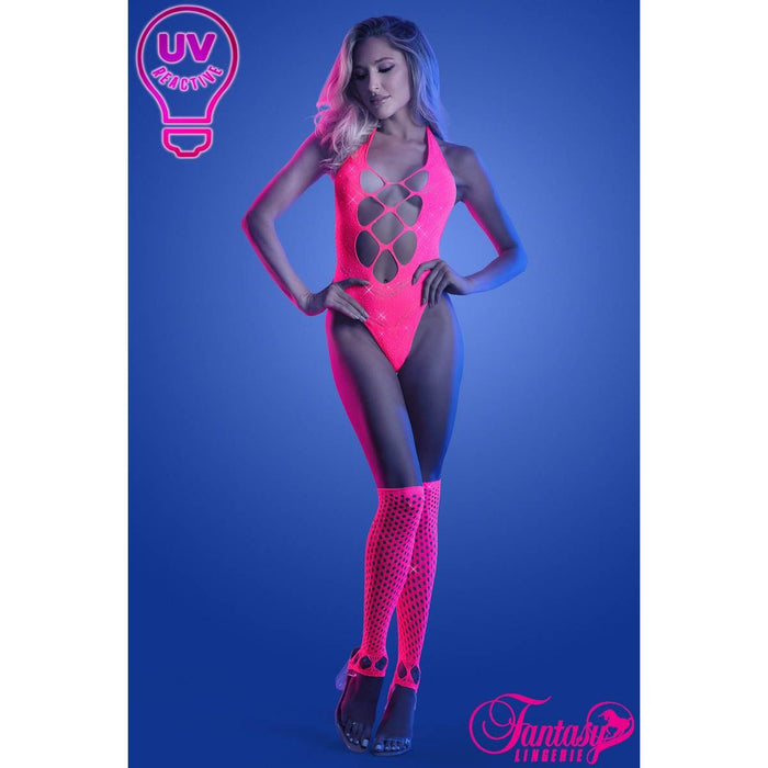 female standing wearing pink lg open hole teddy with net stockings