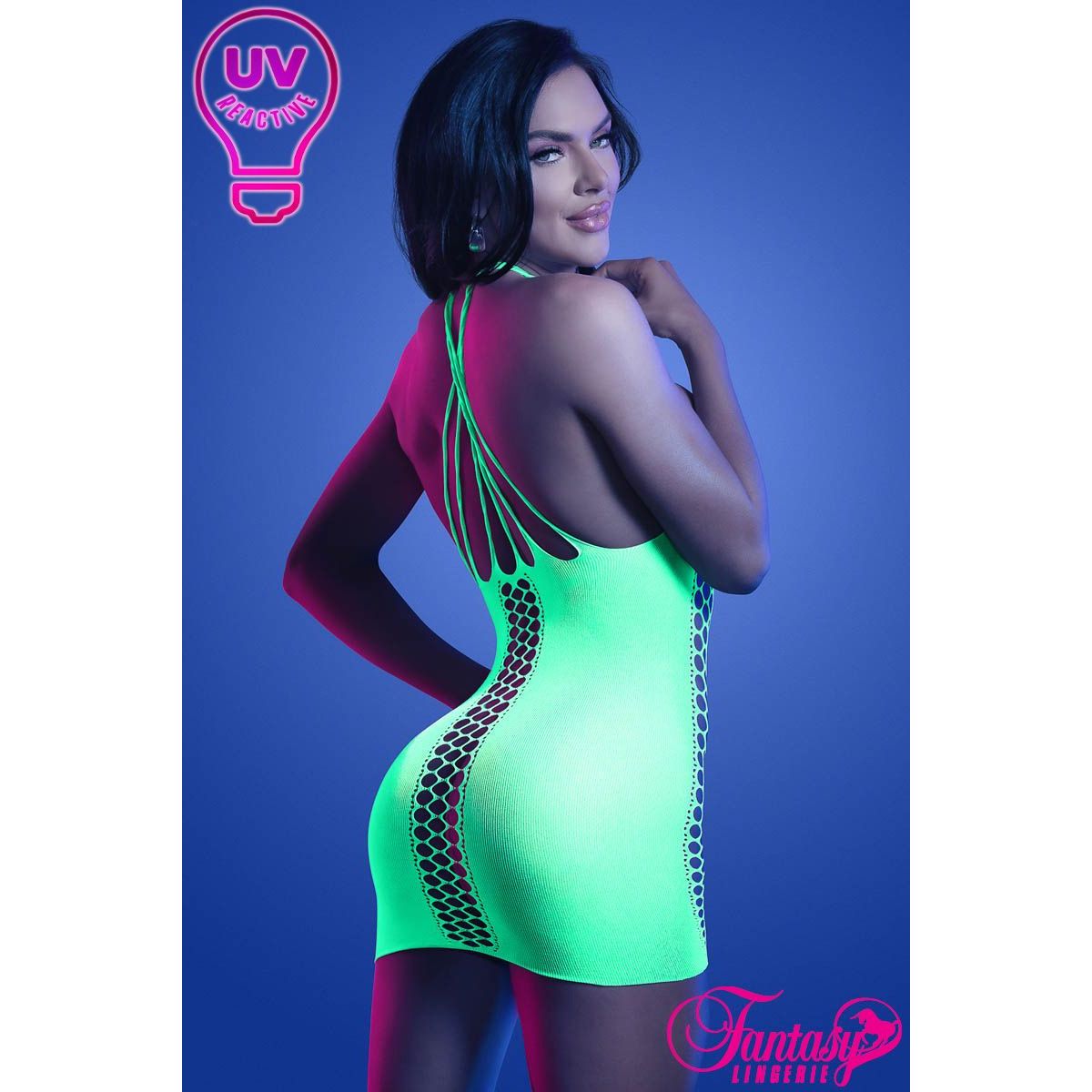 female wearing lg net with mesh criss cross neck dress with criss cross open back