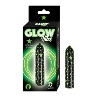 black vibrator with glow in the dark stars beside box packaging