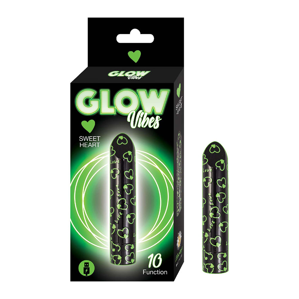 black vibrator with glowing hearts beside box packaging