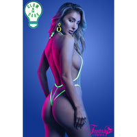 Model wearing a glowing outfit with neon green accents against a dark background.