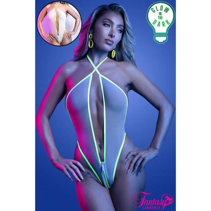 Model wearing a neon teddy with 'Glow in the Dark' label and Fantasea logo.
