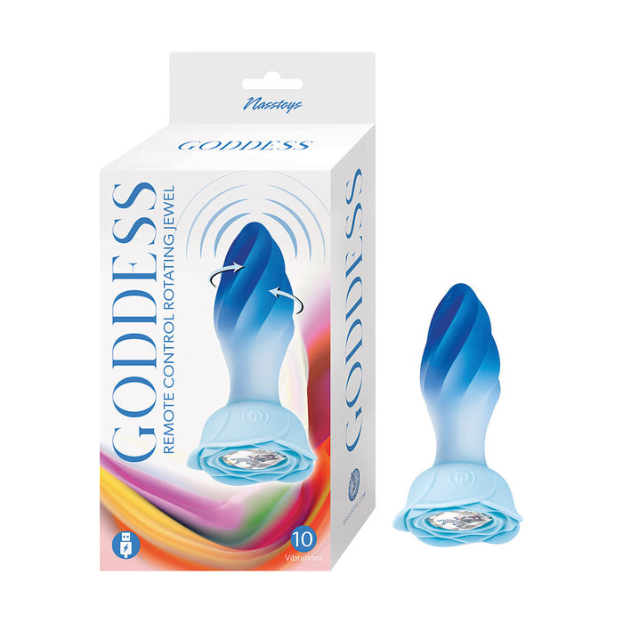 Goddess remote control rotating jewel anal plug packaging with product image on a white background