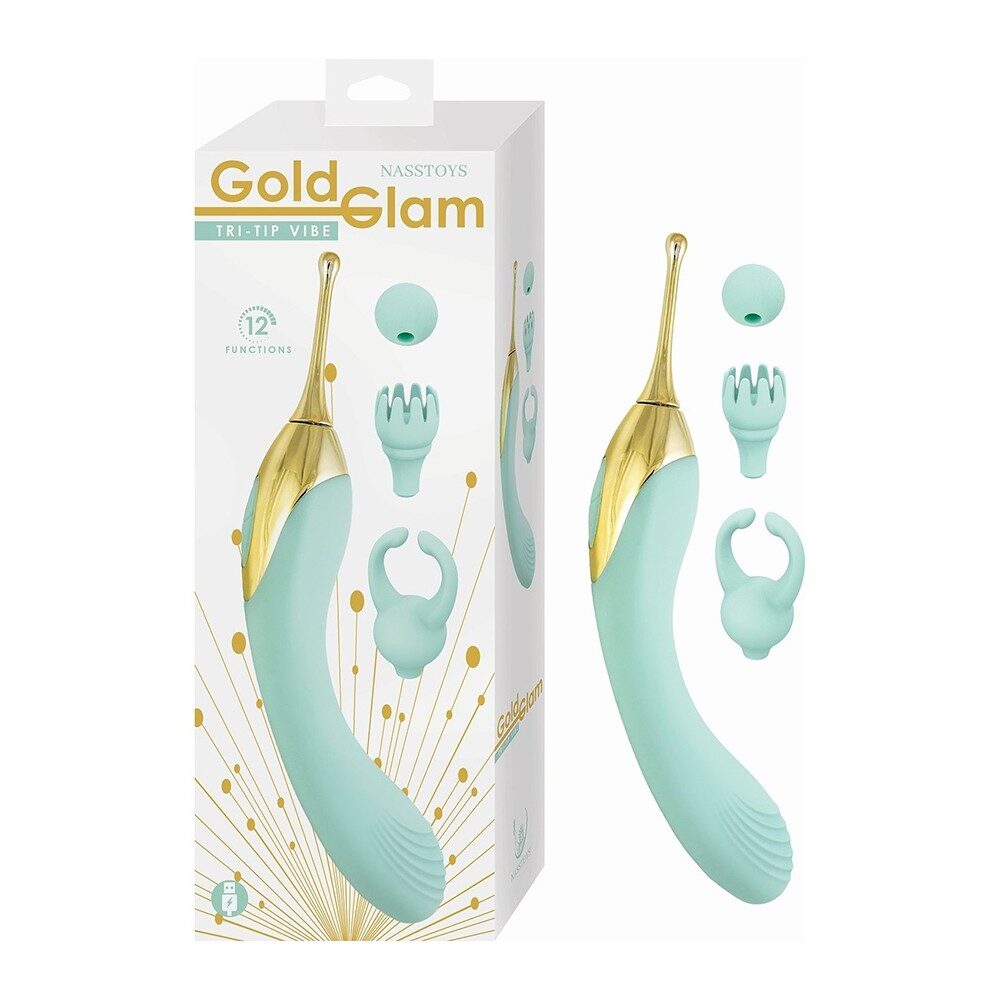 Gold Glam tri tip vibe product with packaging on a white background