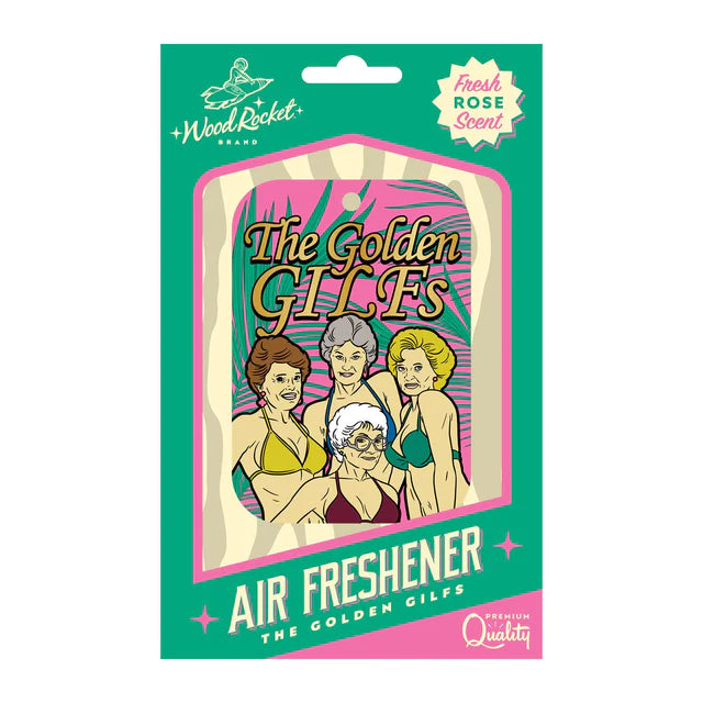 Packaging of 'The Golden Gilfs' air freshener with a cartoon image of three older women smiling, branding details, and the text 'Fresh Rose Scent'.