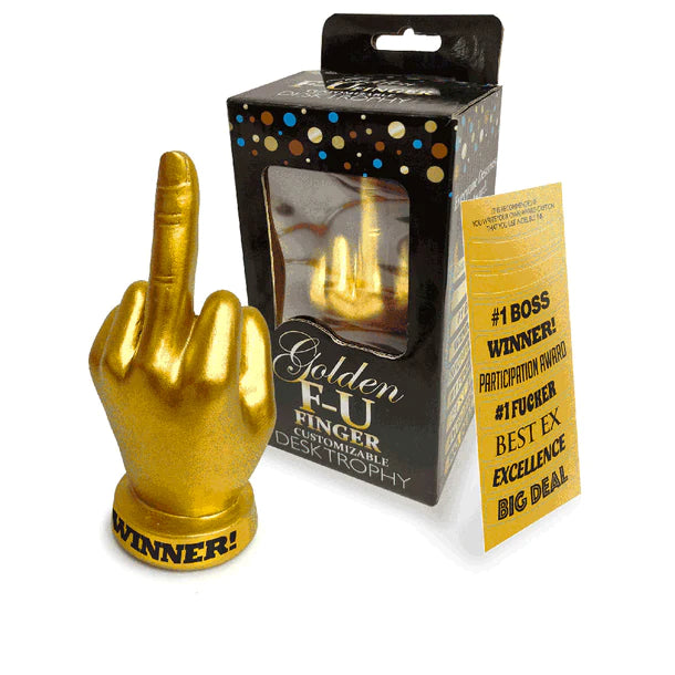 golden hand with middle finger trophy beside box