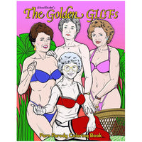 This image features the cover of "The Golden Gilfs Coloring Book" by Wood Rocket. The cover artwork is vibrant and playful, depicting a group of stylized characters inspired by the popular television series, The Golden Girls.