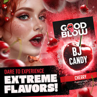 red head female with open mouth, beside cherry good blow bj poppin candy