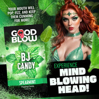 red head female in leave outfit, with spearmint pack of good blow bj popping candy beside her