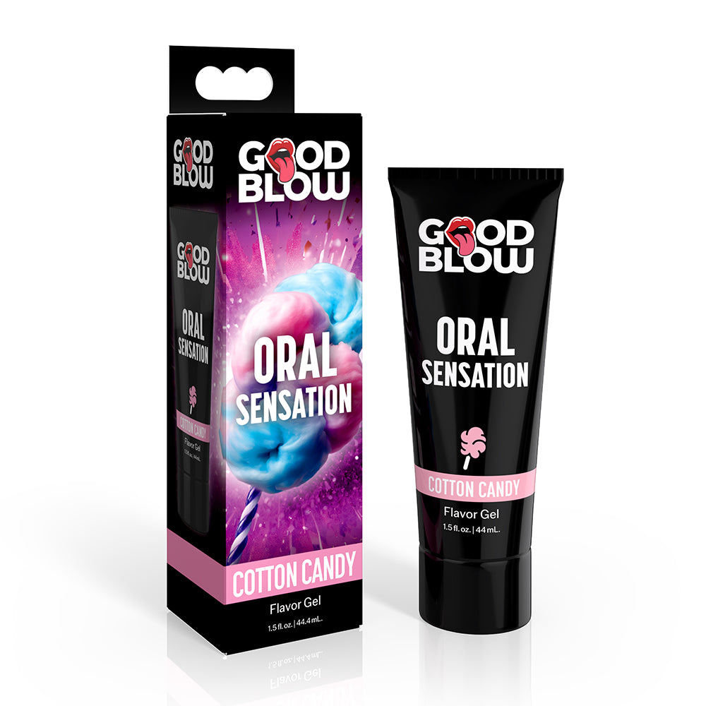 black tube of oral gel cotton candy standing beside box 1.5oz