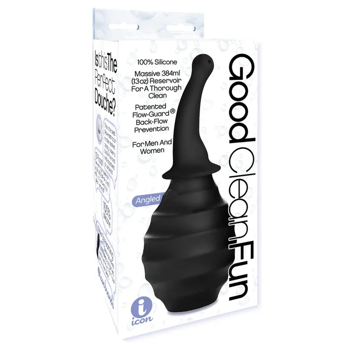 black anal douche with curved head on product package