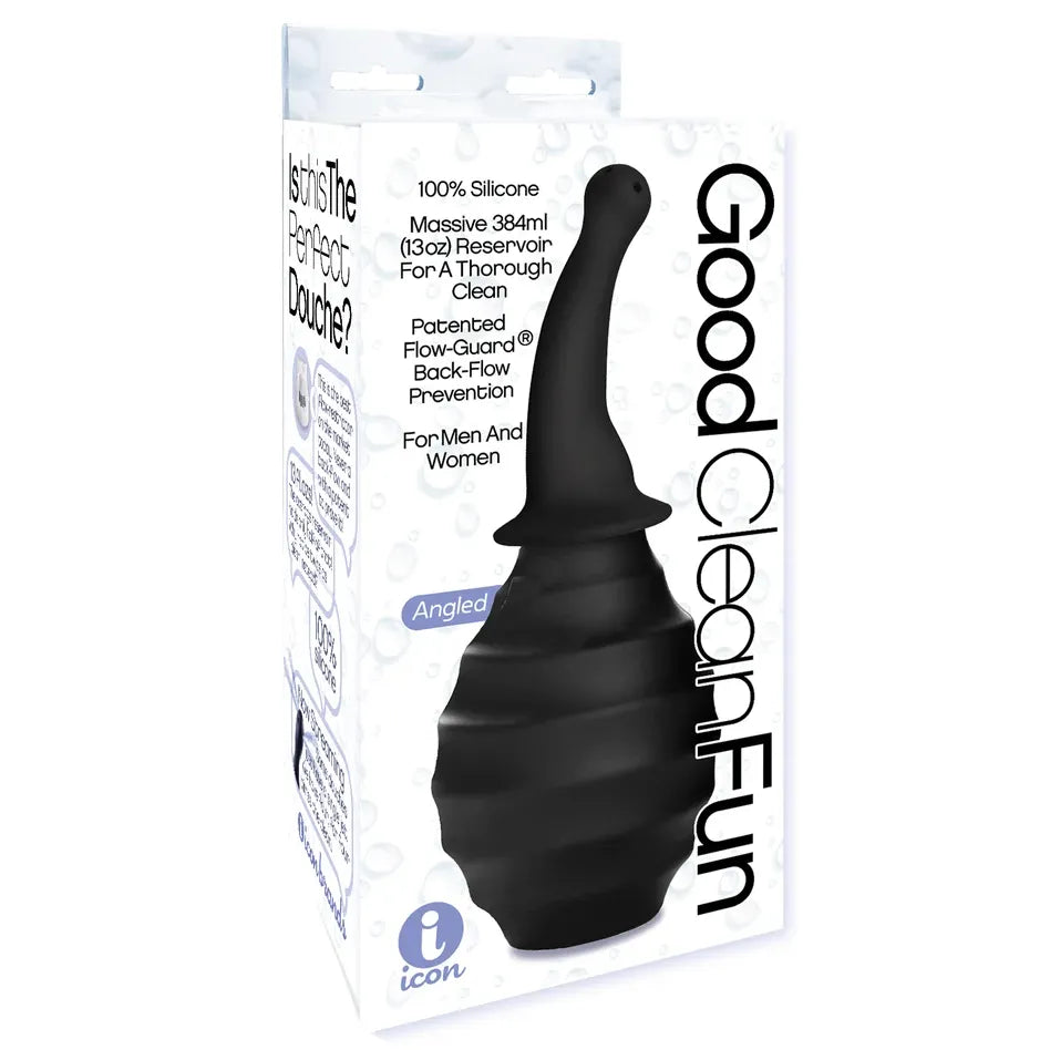 black anal douche with curved head on product package