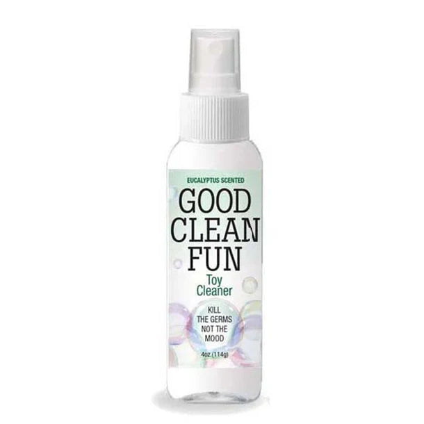 Spray bottle labeled 'Good Clean Fun' eucalyptus toy cleaner on a white background