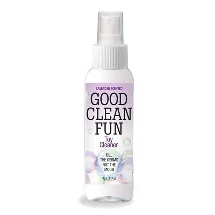 Spray bottle labeled 'Good Clean Fun' lavender on a white background