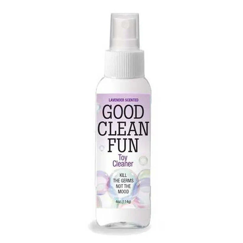 Spray bottle labeled 'Good Clean Fun' lavender on a white background