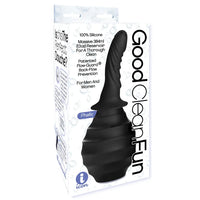 black anal douche with phallic head on product package