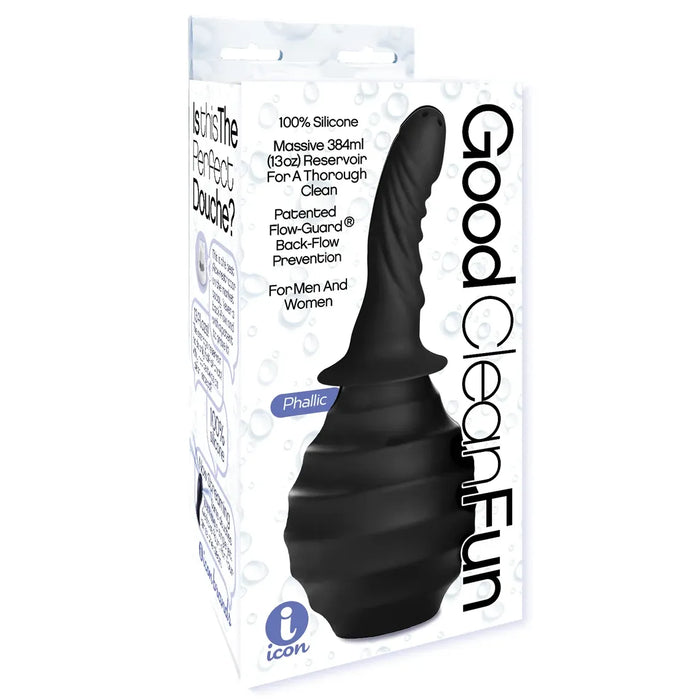 black anal douche with phallic head on product package