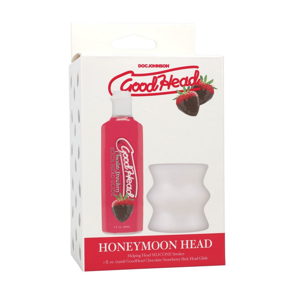 red bottle of chocolate strawberry good head gel with stroker on box packaging