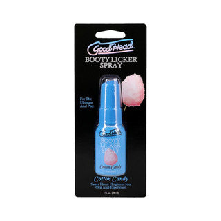 Packaged product of Booty Licker Spray with cotton candy flavor on a white background