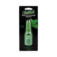 Green booty licker spray mint bottle on a black background with brand name visible