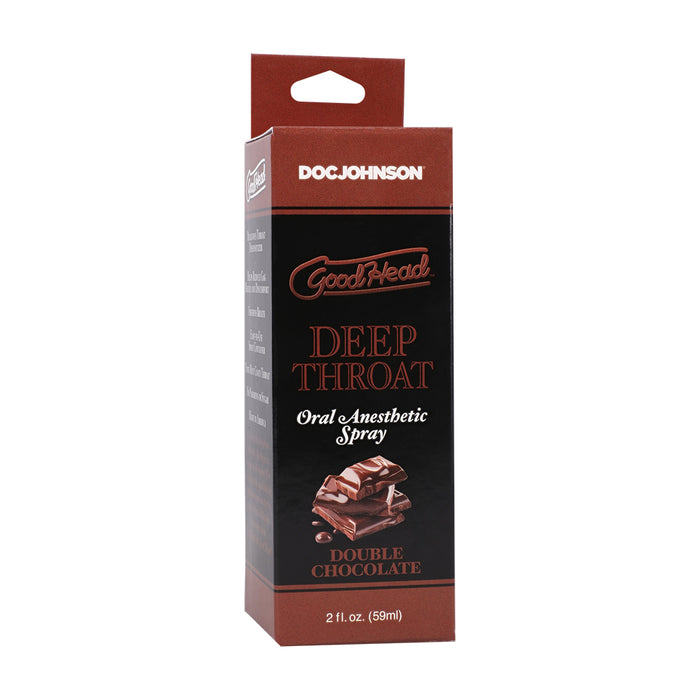 Doc Johnson Good Head Deep Throat Oral Anesthetic Spray in Double Chocolate flavor, in its original retail cardboard packaging.
