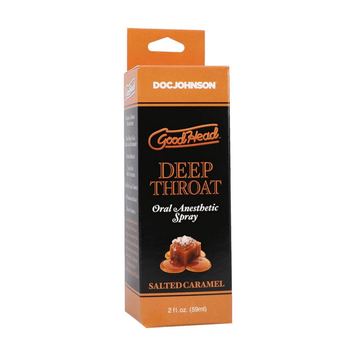 Doc Johnson Good Head Deep Throat Oral & Anesthetic Spray in Salted Caramel flavor, in its retail cardboard packaging.