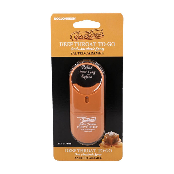 Doc Johnson Good Head Deep Throat To-Go oral anesthetic spray in a salted caramel flavor, shown in its retail blister packaging against a white background.