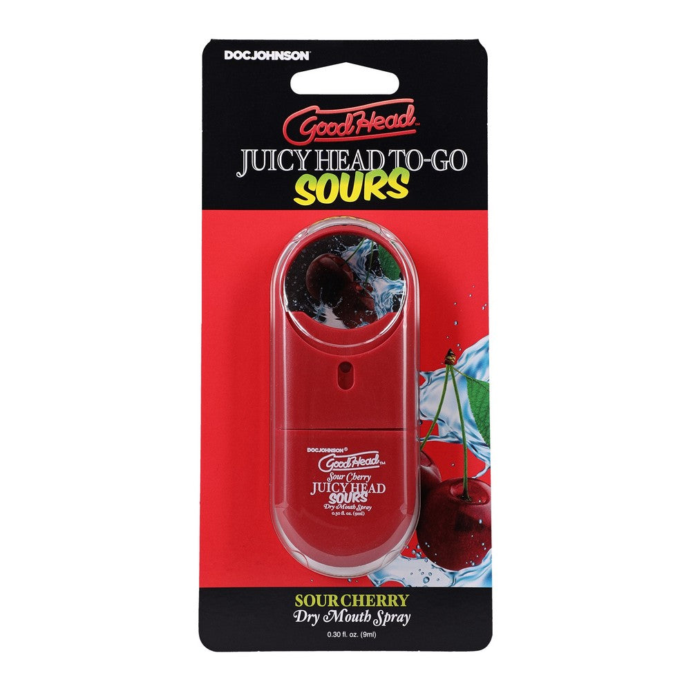red spray bottle of goodhead juicy head to go sours cherry on cardboard packaging