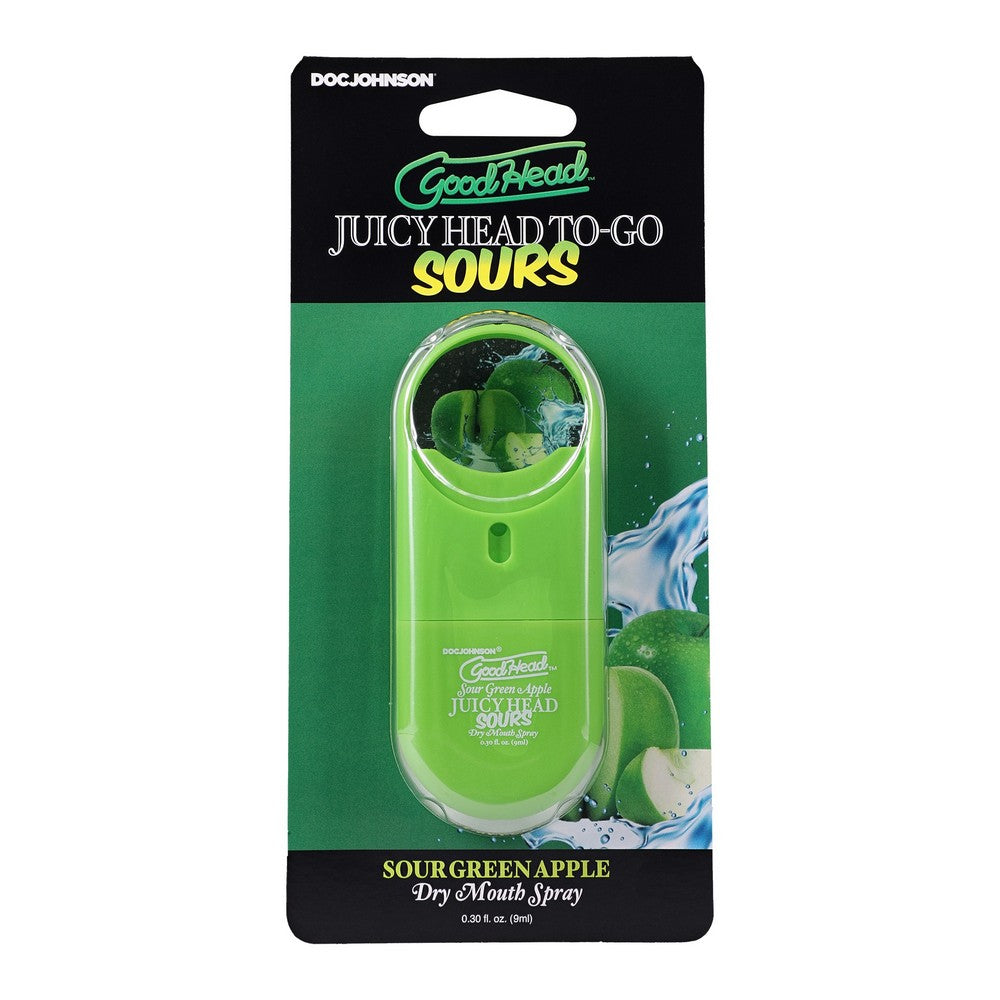 green spray bottle of goodhead juicy head sours green apple on cardboard packaging