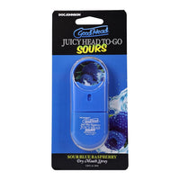 blue spray bottle of goodhead juicy head sours blue raspberry on cardboard packaging