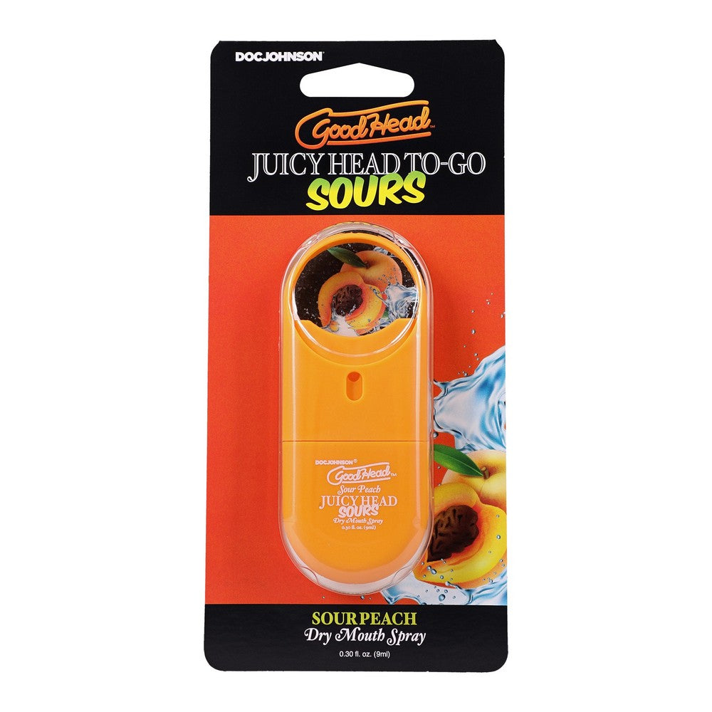 goodhead juicy head sour peach dry mouth spray orange spray containeron cardboard packaging