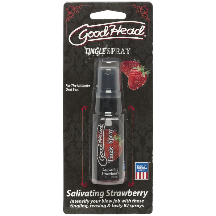 GoodHead Tingle Spray packaging with strawberry flavor on a black background