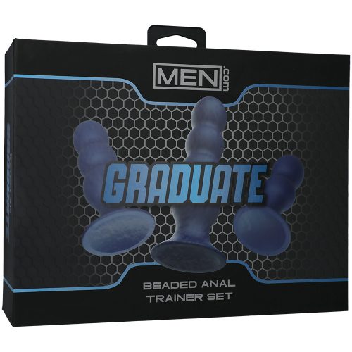 Packaged 'Graduate' beaded anal trainer set with 'MEN.com' branding on a black background.