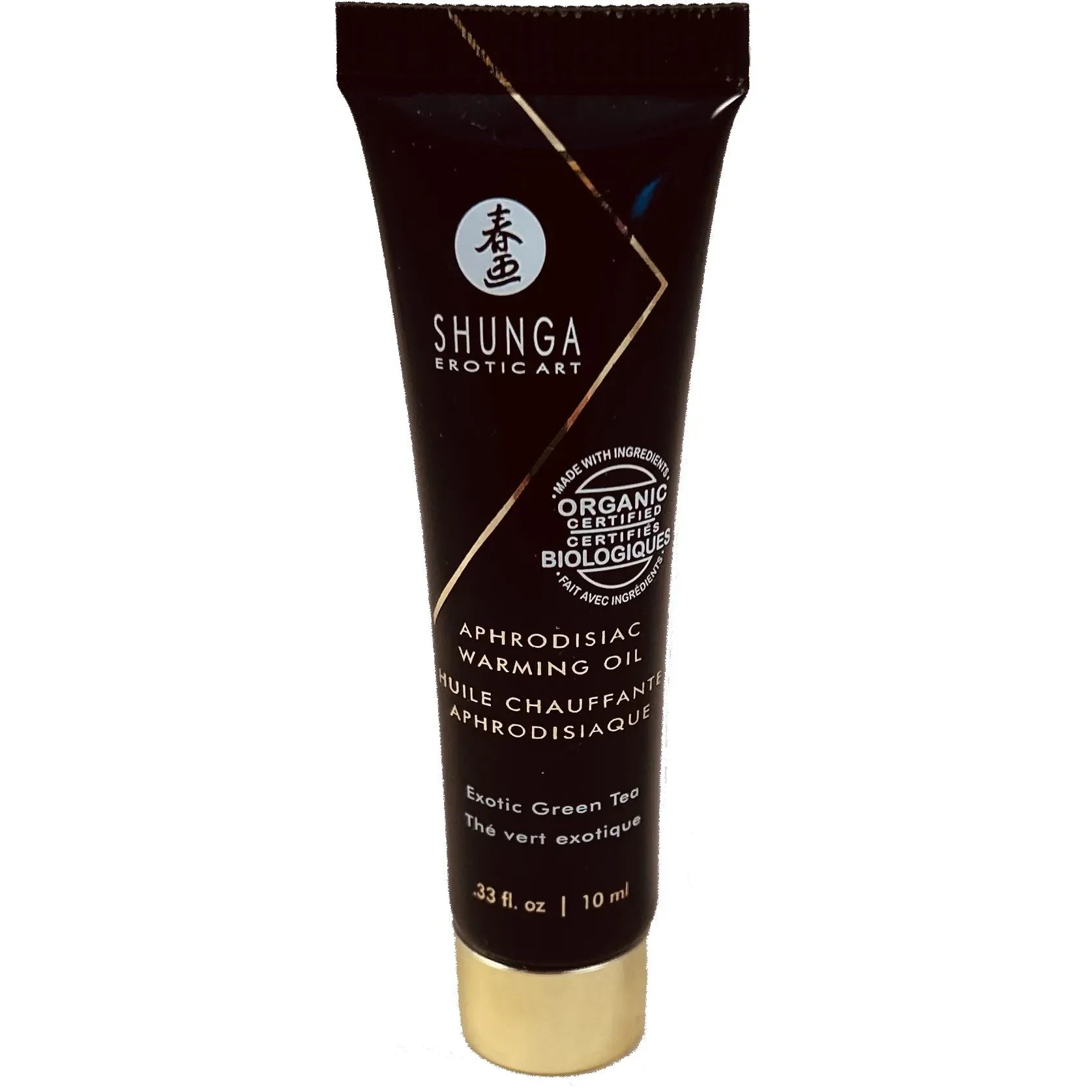 Shunga Aphrodisiac green tea Warming Oil packaging on a white background