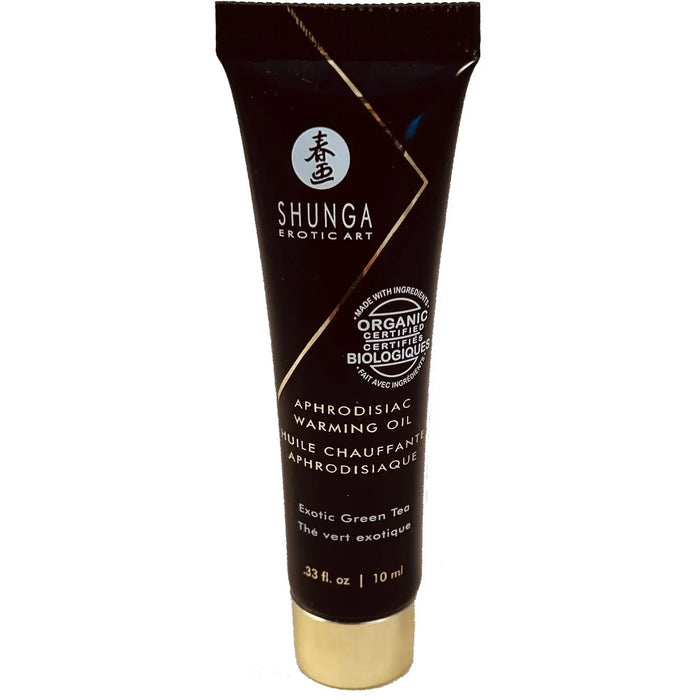 Shunga Aphrodisiac green tea Warming Oil packaging on a white background