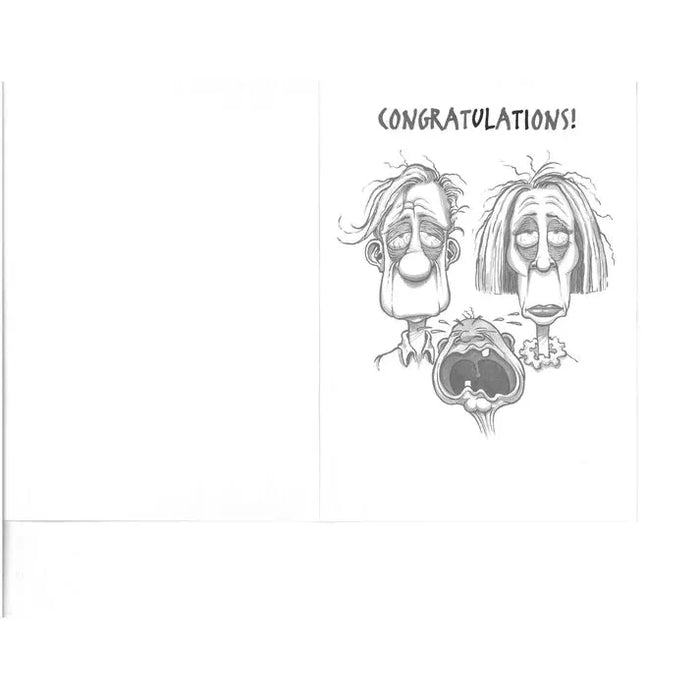 Cartoon-style card with two faces and a baby, with 'Congratulations!' text.