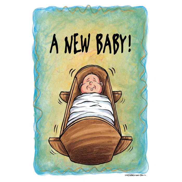 baby in a cradle with text a new baby