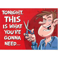 cartoon man with scissors with text
