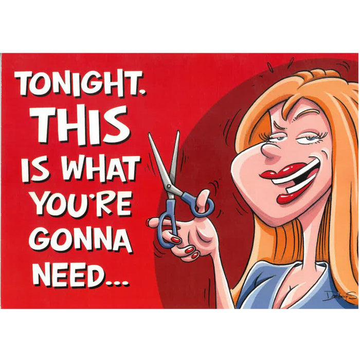 cartoon female with scissors with text