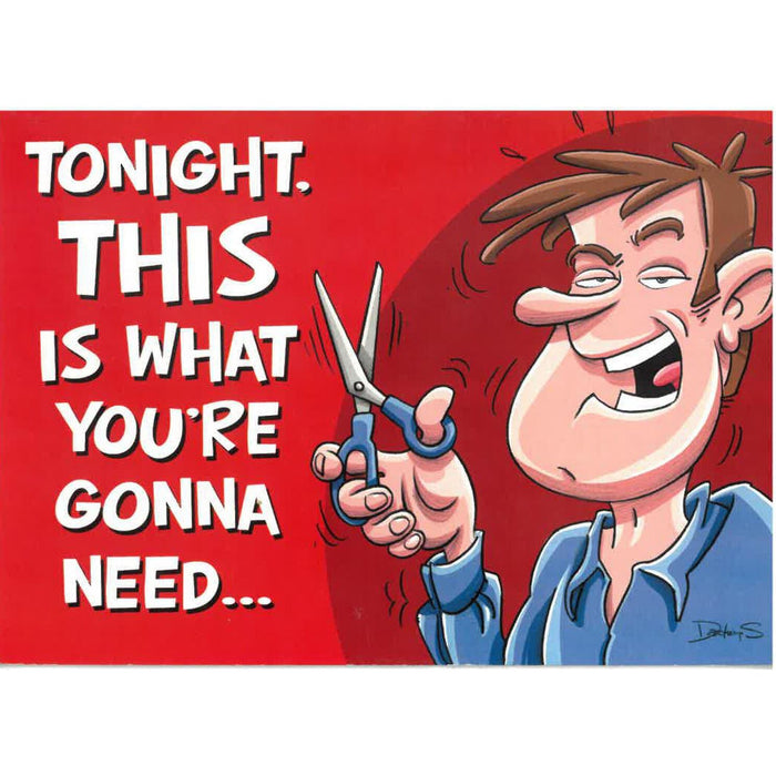cartoon man with scissors with text