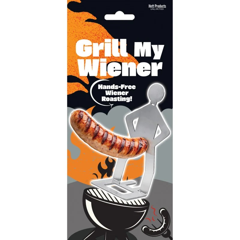 Grill My Wiener novelty handless grilling tool on its retail packaging card, featuring a cartoon silhouette of a person and a cooked sausage on a grill.