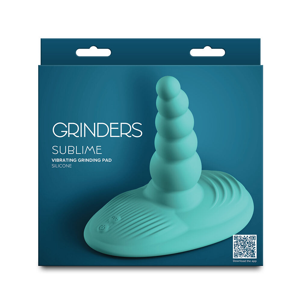 Teal 'Grinders Sublime' vibrating grinding pad packaging on a blue background