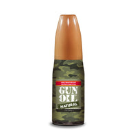 Bottle of Gun Oil Natural with camouflage design on a white background