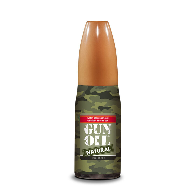 Bottle of Gun Oil Natural with camouflage design on a white background