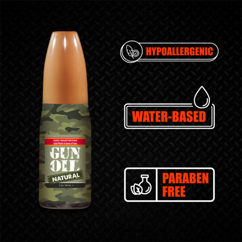 Camouflage bottle labeled 'GUN OIL' with hypoallergenic, water-based, and paraben-free icons on a black background.