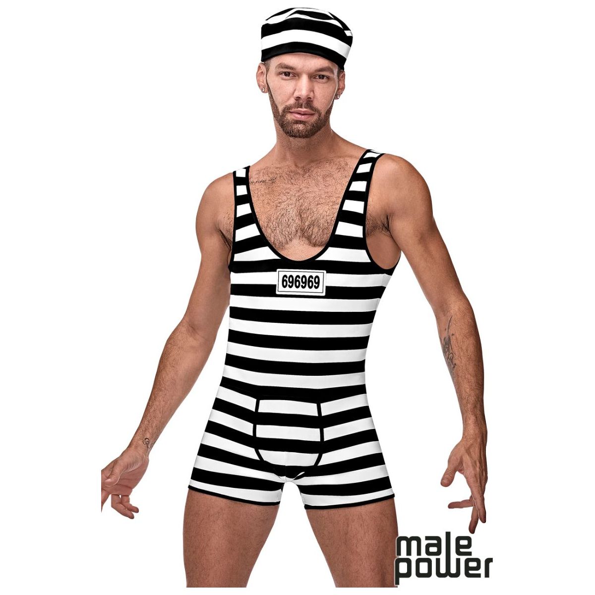 male wearing striped jail jumper with matching hat, front view