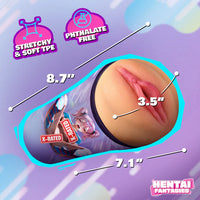Product with measurements and 'Hentai Fantasies' branding on a colorful background