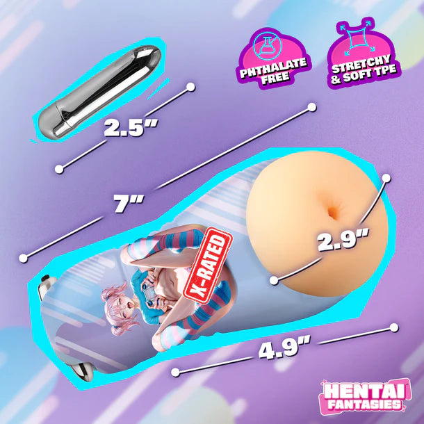 Product dimensions and features with 'Hentai Fantasies' branding masturbator on a colorful background