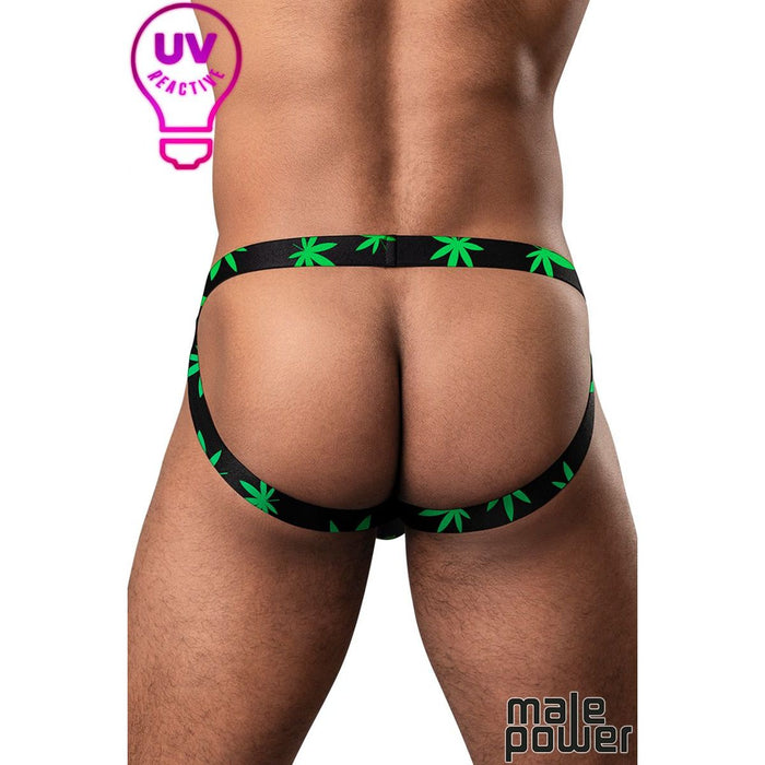 black jock strap with open butt with weed leaves