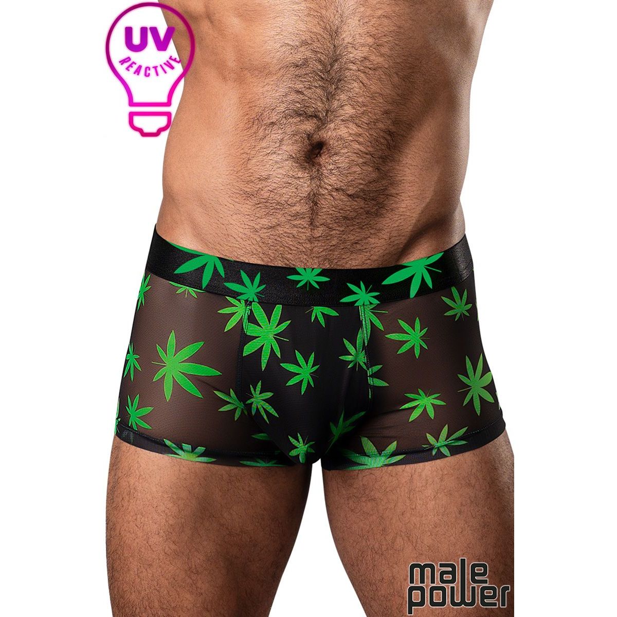 black sheer boxers with weed leaf front view